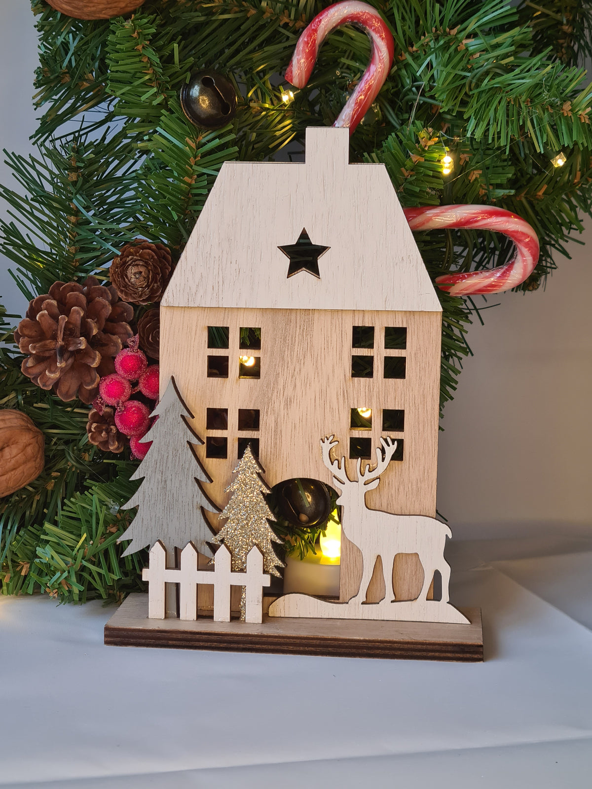 Scandinavian Wooden House Tabletop Decoration with Reindeer & Trees