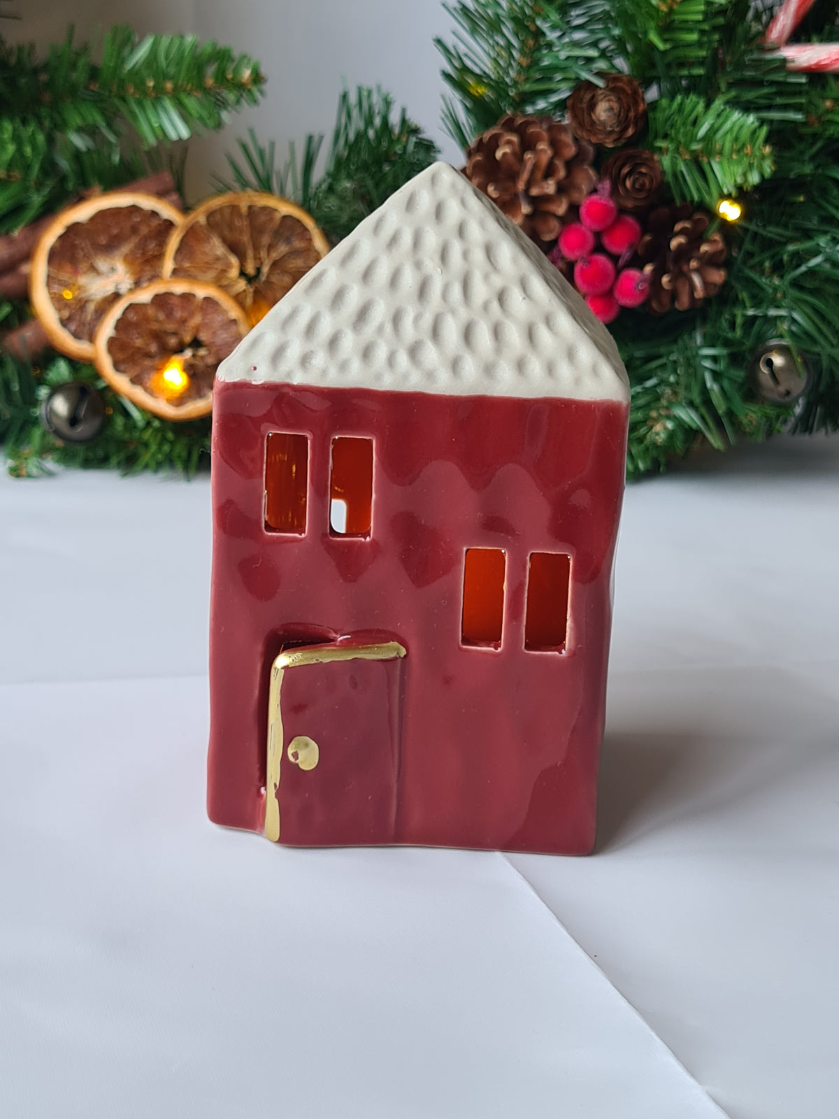 Red Christmas LED light Ceramic Rustic Village Cottage House