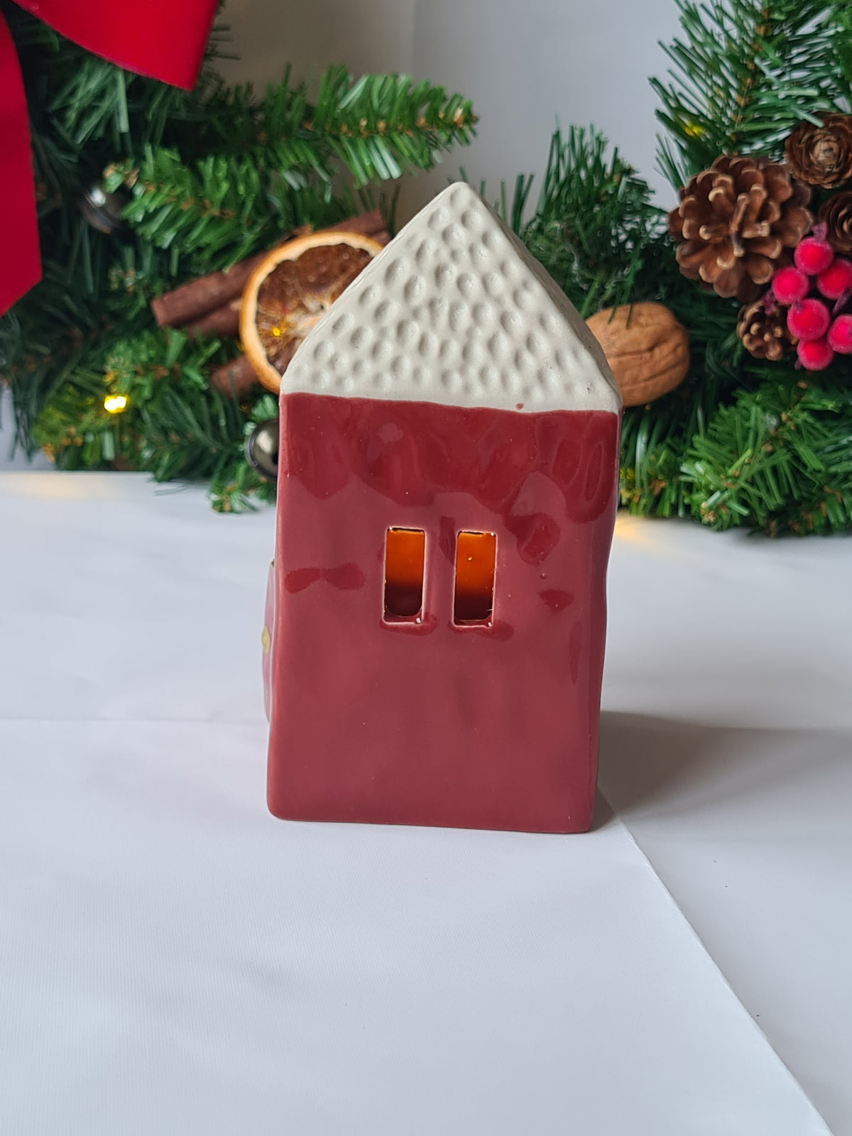 Red Christmas LED light Ceramic Rustic Village Cottage House
