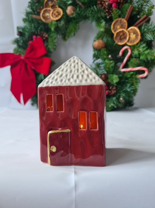Red Christmas LED light Ceramic Rustic Village Cottage House