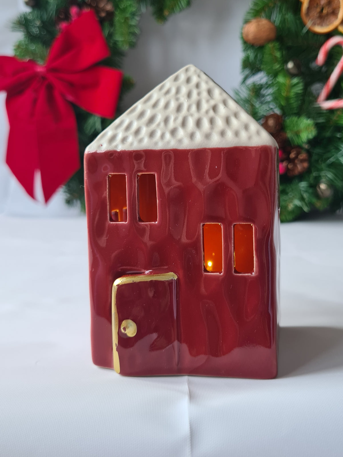 Red Christmas LED light Ceramic Rustic Village Cottage House