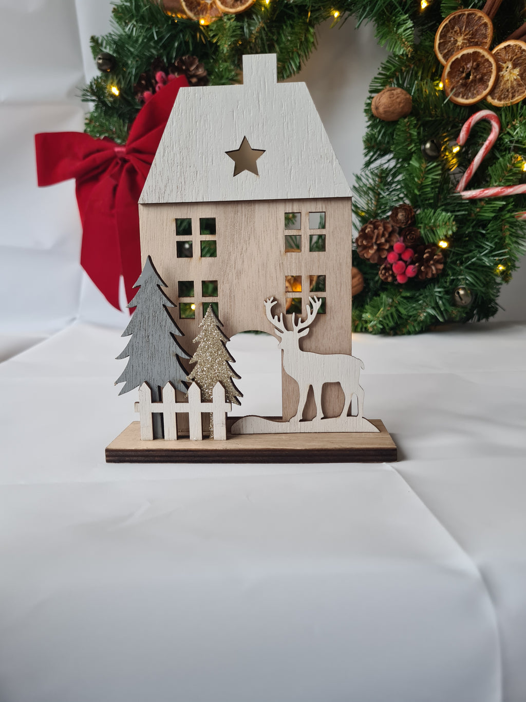 Scandinavian Wooden House Tabletop Decoration with Reindeer & Trees