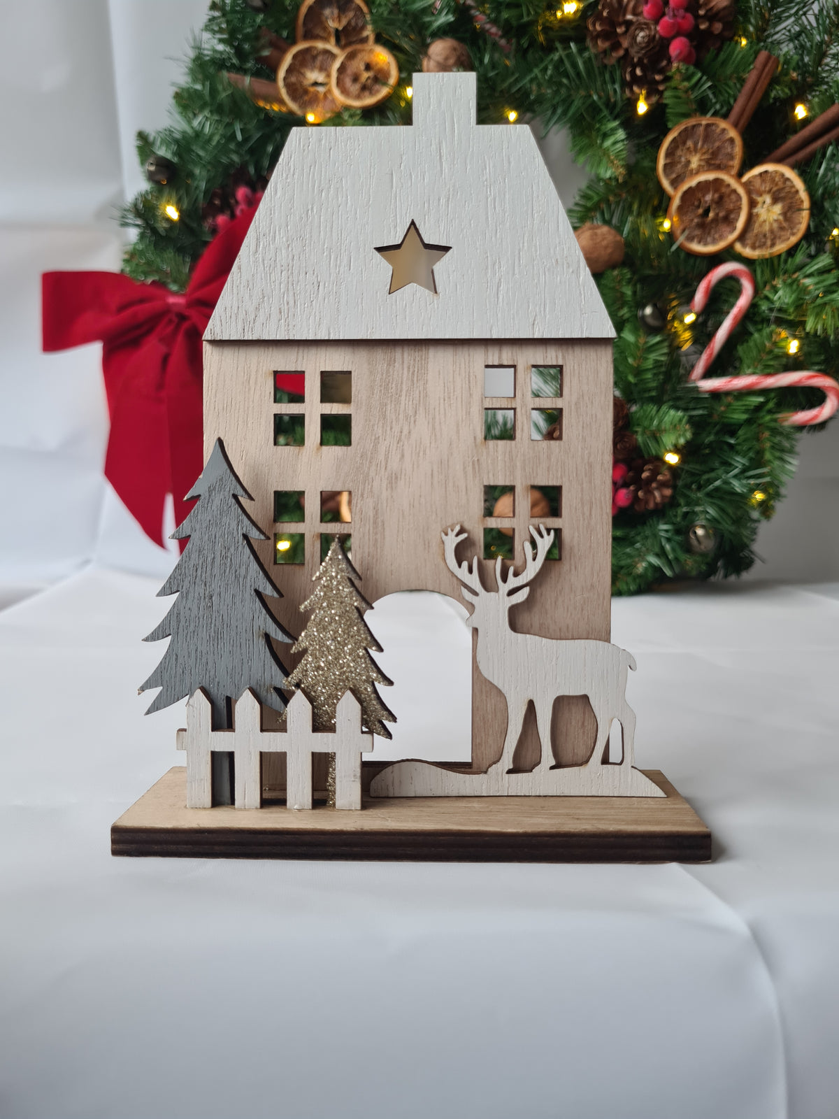 Scandinavian Wooden House Tabletop Decoration with Reindeer & Trees