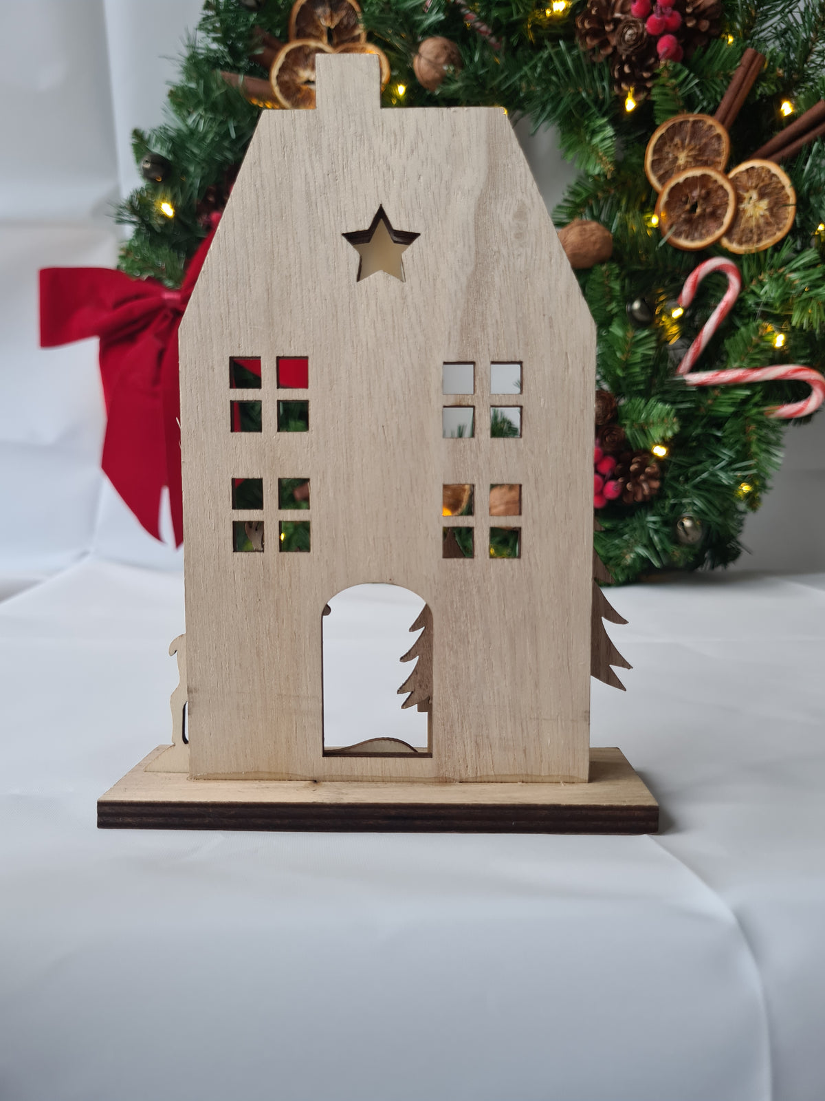 Scandinavian Wooden House Tabletop Decoration with Reindeer & Trees