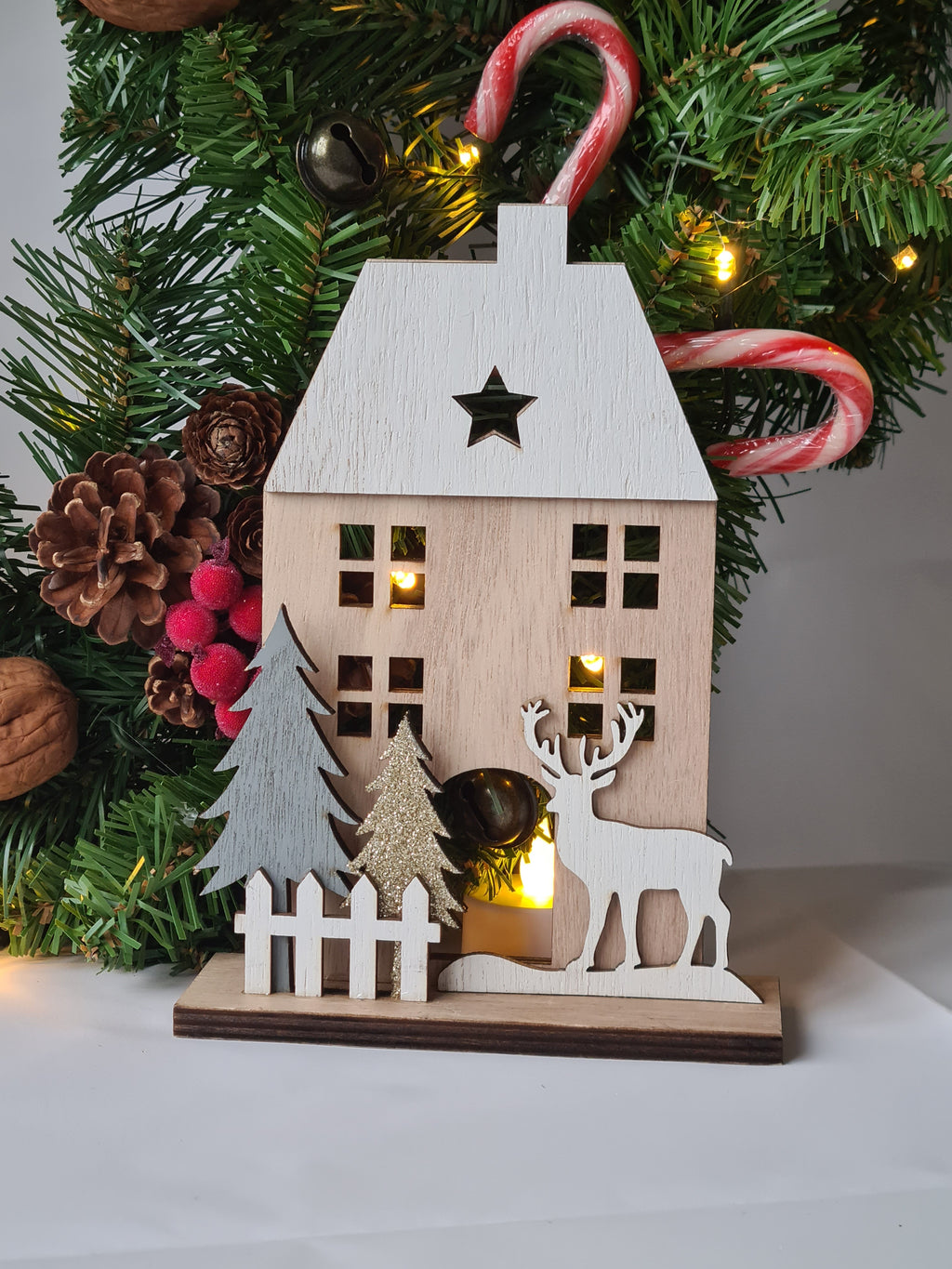Scandinavian Wooden House Tabletop Decoration with Reindeer & Trees