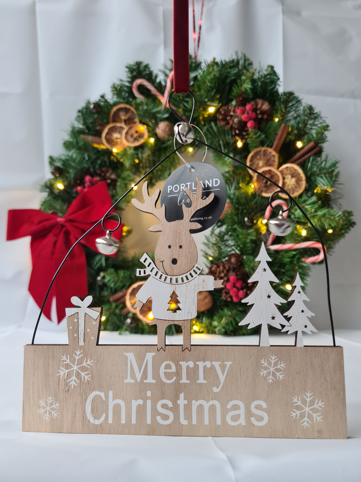 Rustic Wooden Reindeer "Merry Christmas" Hanging Sign with Red Velvet Ribbon and jingle bells