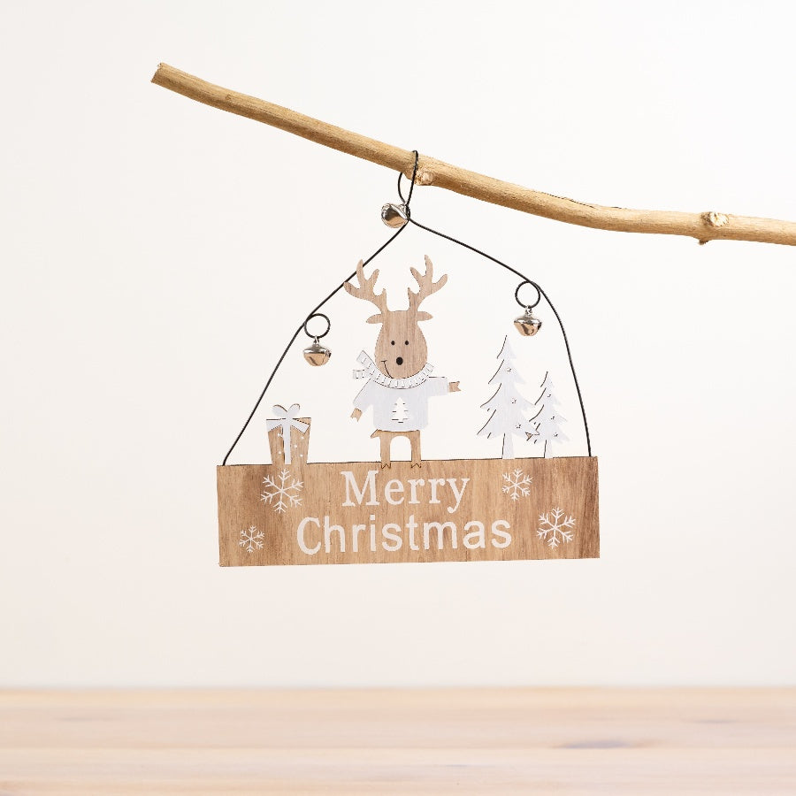 Rustic Wooden Reindeer "Merry Christmas" Hanging Sign with Red Velvet Ribbon and jingle bells